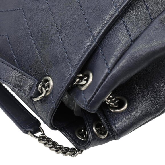 YVES SAINT LAURENT  Vintage Monogram Nolita Chevron Leather Shoulder Bag Navy Bl - Picture 7 of 15